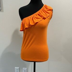 LOFT Bright Orange One-Shoulder Ruffle Blouse